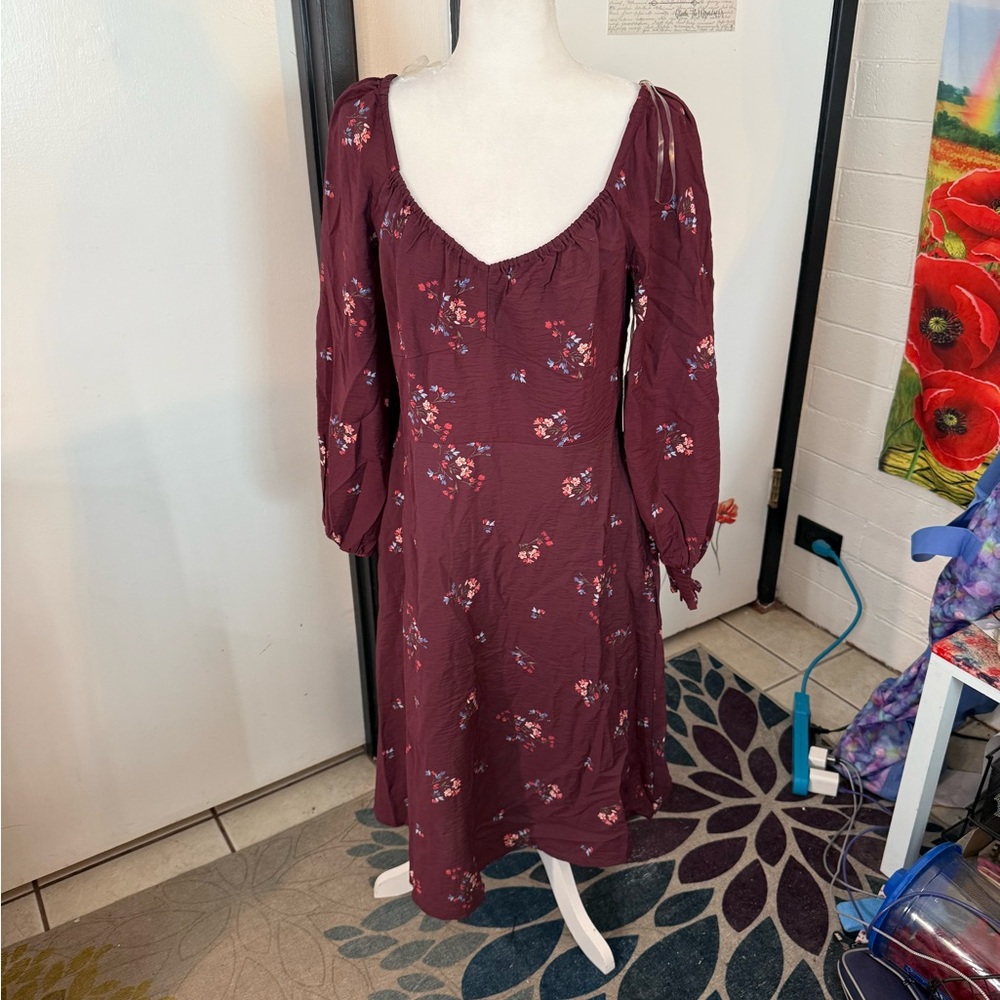 Floral Burgundy long sleeve  Dress with pockets